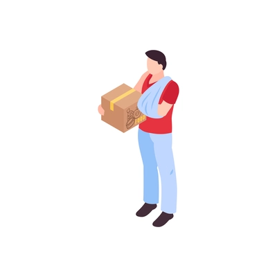 Humanitarian support isometric composition with person with broken arm holding food aid box vector illustration