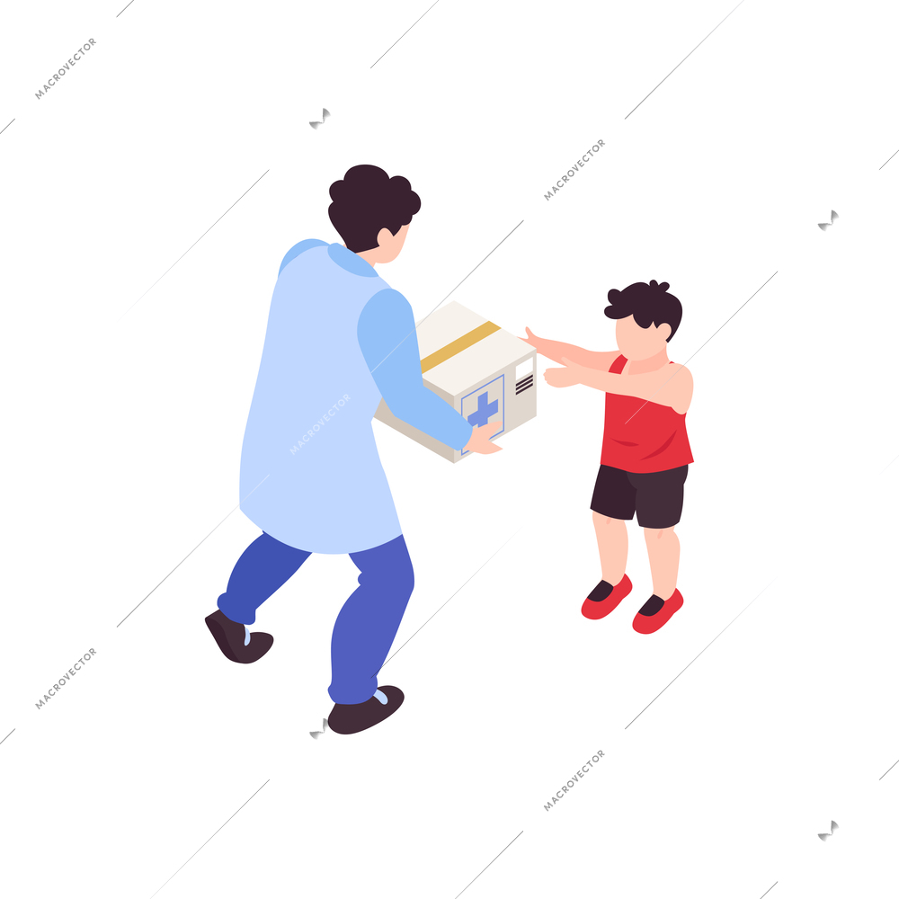 Humanitarian support isometric composition with person giving medical box to little child vector illustration