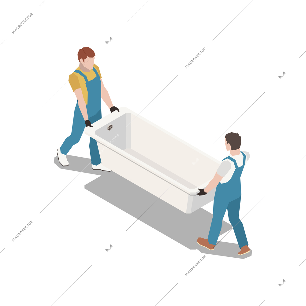 Plumber isometric composition with isolated view of two workers carrying new bath vector illustration