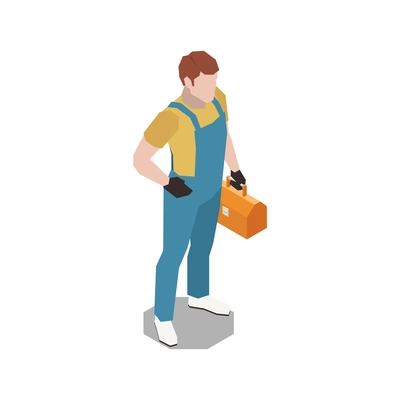 Plumber isometric composition with isolated human character of handyman in uniform with tools box vector illustration