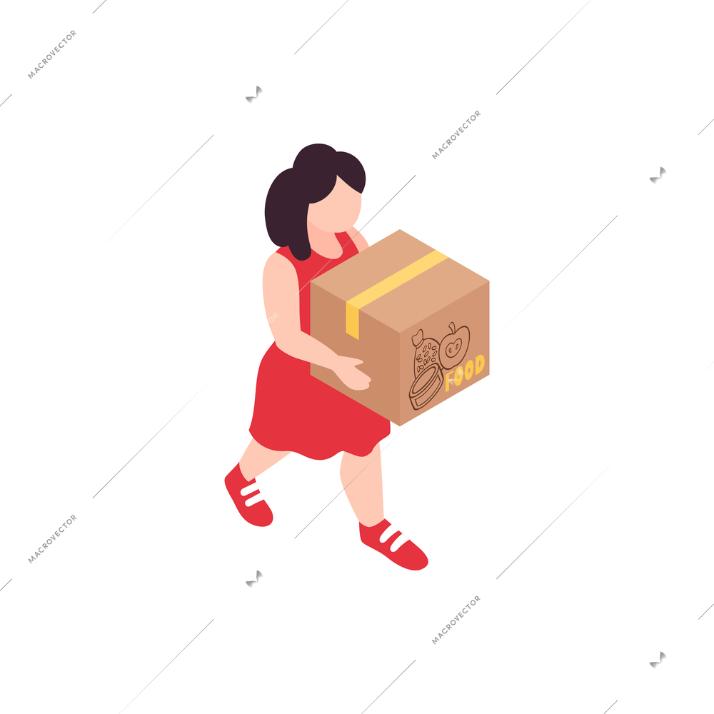 Humanitarian support isometric composition with isolated female character of volunteer carrying carton box vector illustration