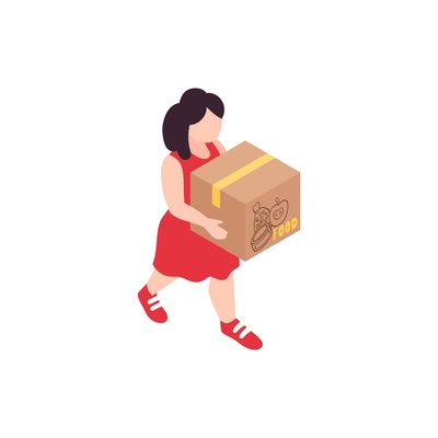 Humanitarian support isometric composition with isolated female character of volunteer carrying carton box vector illustration