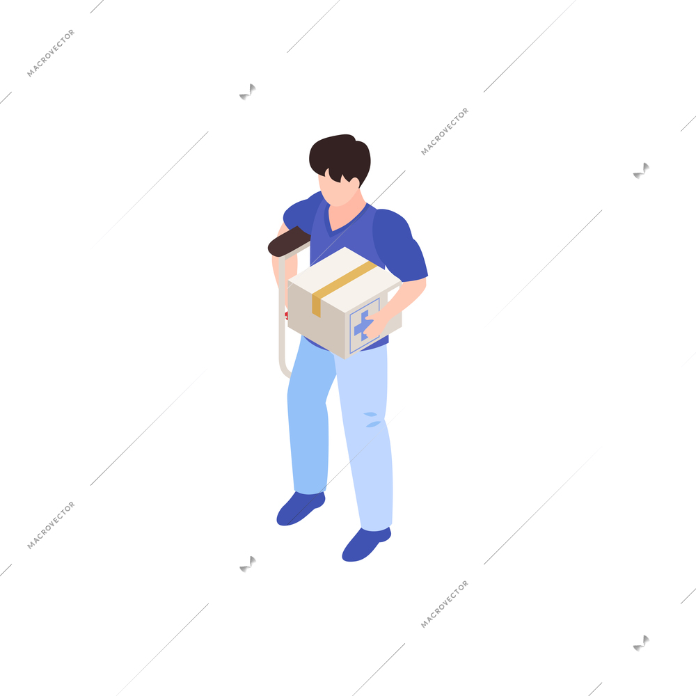 Humanitarian support isometric composition with isolated human character holding medical box and crutch vector illustration