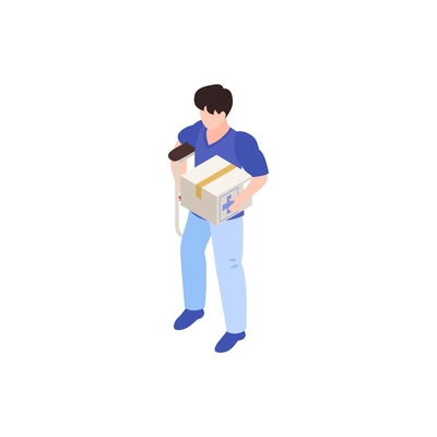 Humanitarian support isometric composition with isolated human character holding medical box and crutch vector illustration