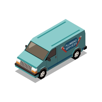 Plumber isometric composition with isolated image of branded van for crew transportation vector illustration