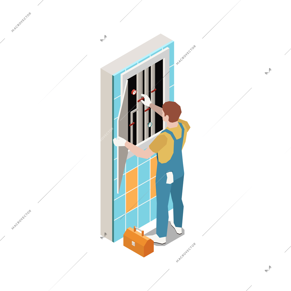 Plumber isometric composition with repairman touching lift pipes in wall hole vector illustration