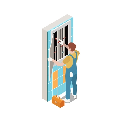 Plumber isometric composition with repairman touching lift pipes in wall hole vector illustration