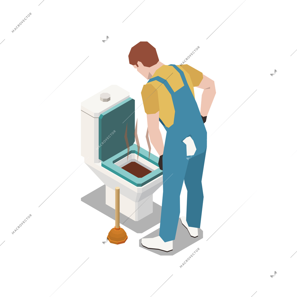 Plumber isometric composition with character of plumber fixing backed up toilet bowl vector illustration