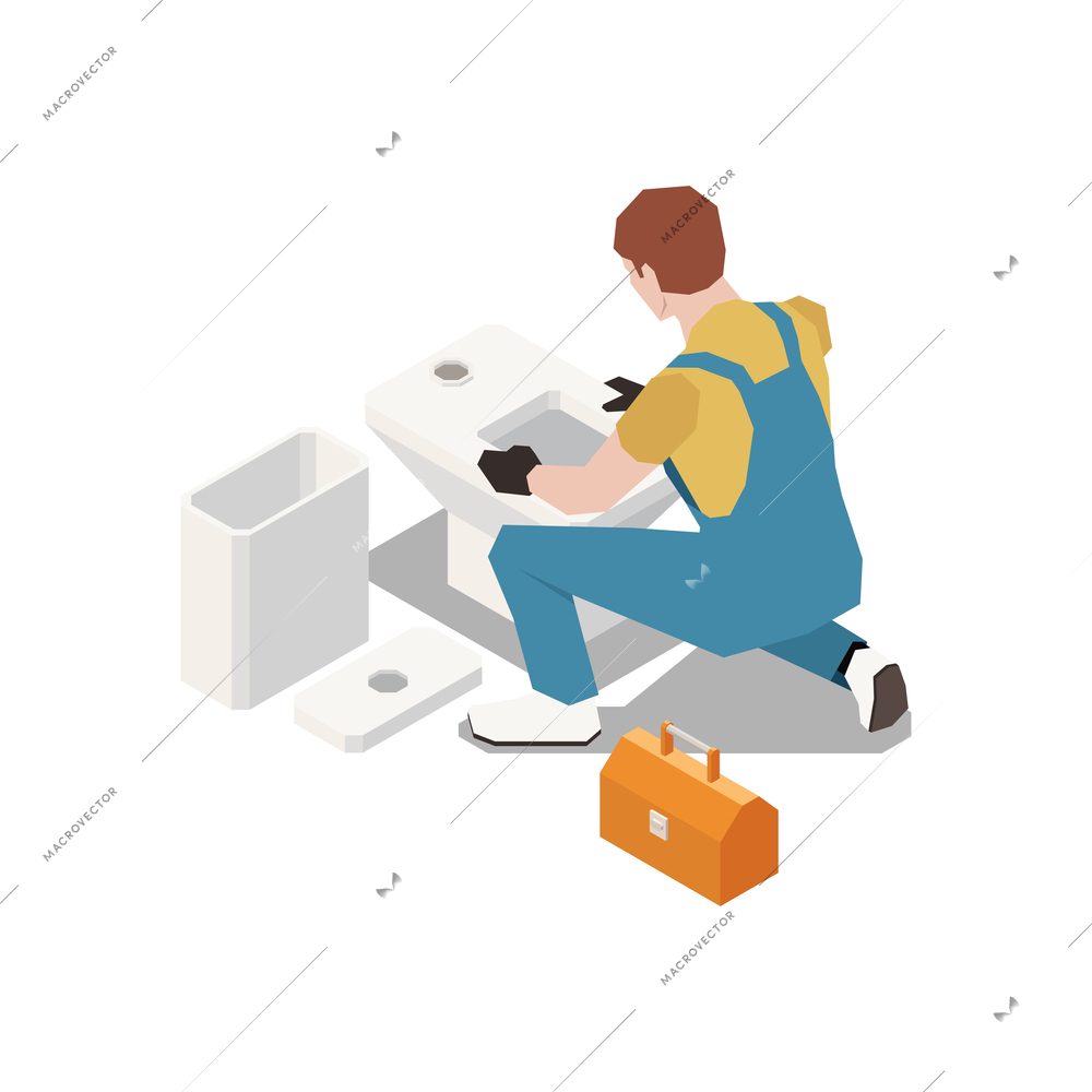 Plumber isometric composition with character of plumber installing new toilet bowl with tool box vector illustration