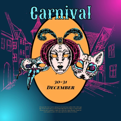 New year eve carnival event show advertising poster with venetian style paper mache masks color vector illustration