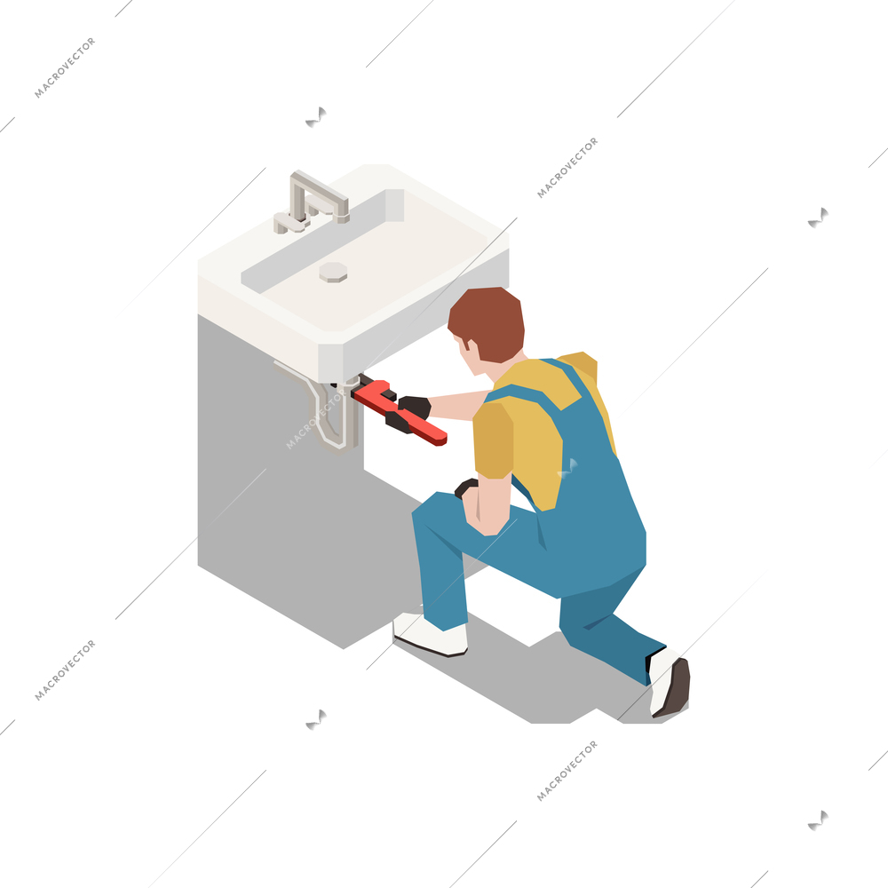 Plumber isometric composition with character of worker in uniform fixing syphon under sink vector illustration