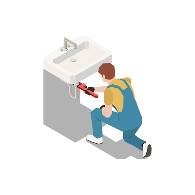 Plumber isometric composition with character of worker in uniform fixing syphon under sink vector illustration