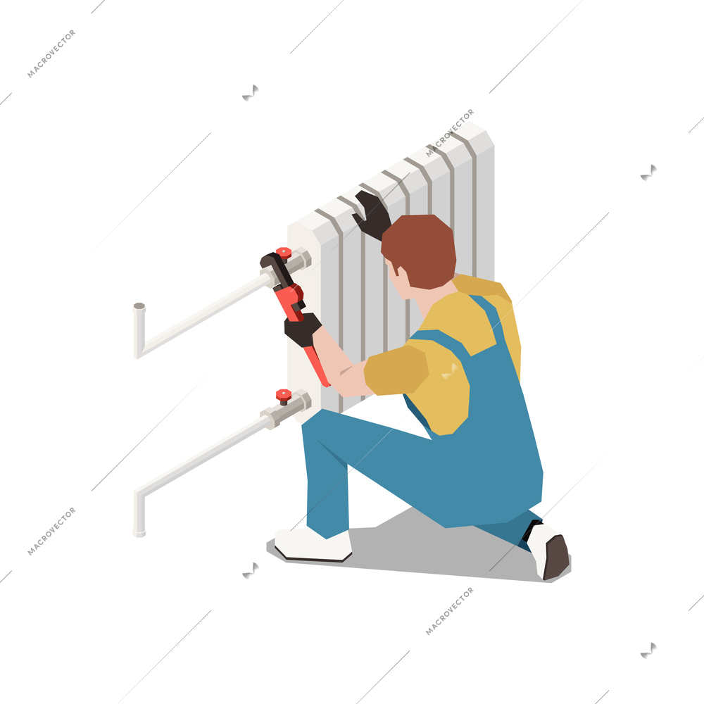 Plumber isometric composition with character of repairman fixing pipes in heater battery radiator vector illustration