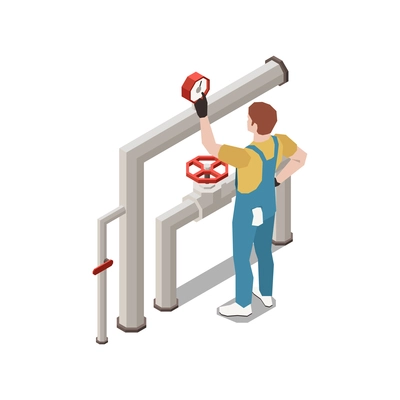 Plumber isometric composition with isolated image pipes with meters and worker in uniform vector illustration