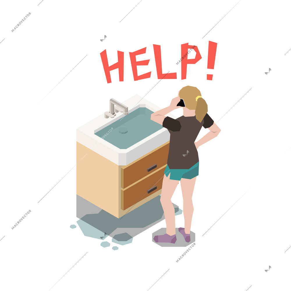 Plumber isometric composition with backed up sink full of water and housemaid calling plumbing service vector illustration