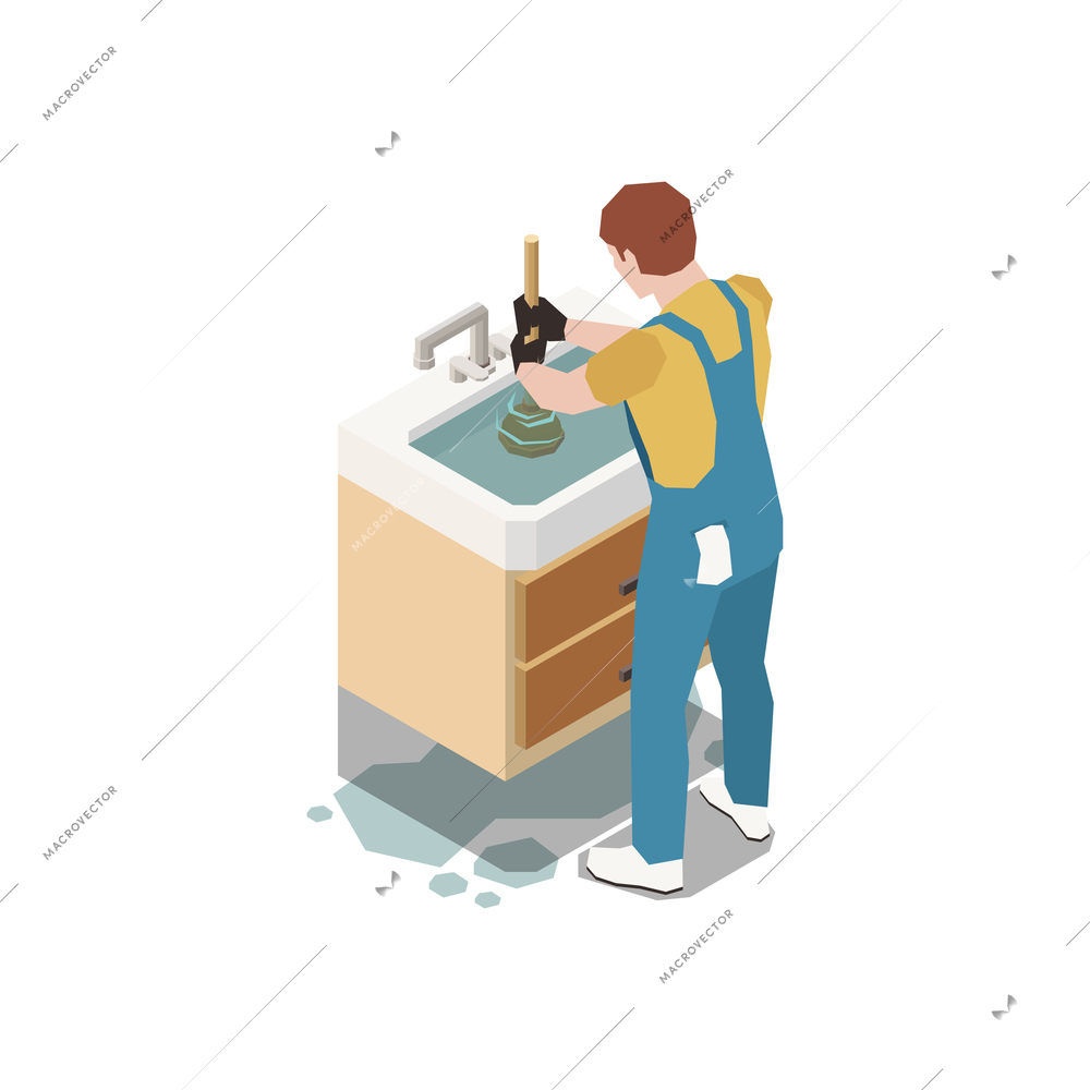 Plumber isometric composition with character of handyman fixing backed up sink vector illustration