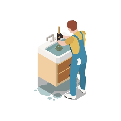 Plumber isometric composition with character of handyman fixing backed up sink vector illustration