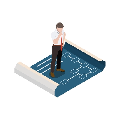 Soft skills isometric concept composition with character of business worker discovering paper diagram vector illustration