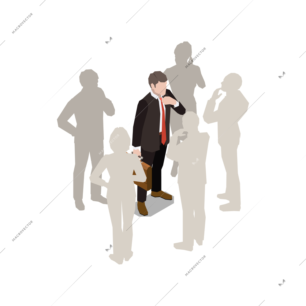 Soft skills isometric concept composition with character of businessman surrounded by silhouettes of employees vector illustration