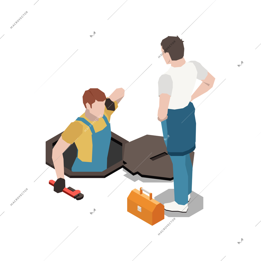 Plumber isometric composition with images of workers in uniform tools and maintenance hole vector illustration