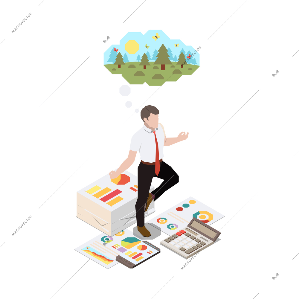 Soft skills isometric concept composition with character of business worker staying on single leg imagining forest scenery vector illustration