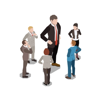 Soft skills isometric concept composition with character of boss surrounded by thinking employees vector illustration