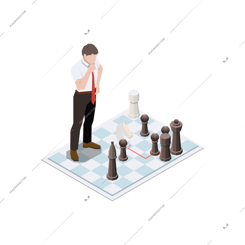 Soft skills isometric concept composition with character of businessman standing on chess board vector illustration