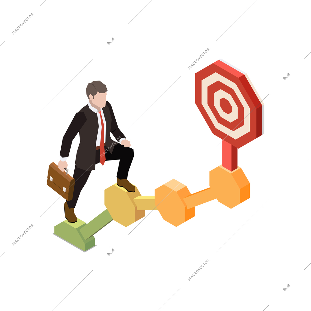 Soft skills isometric concept composition with target goal sign and businessman stepping up graph points vector illustration