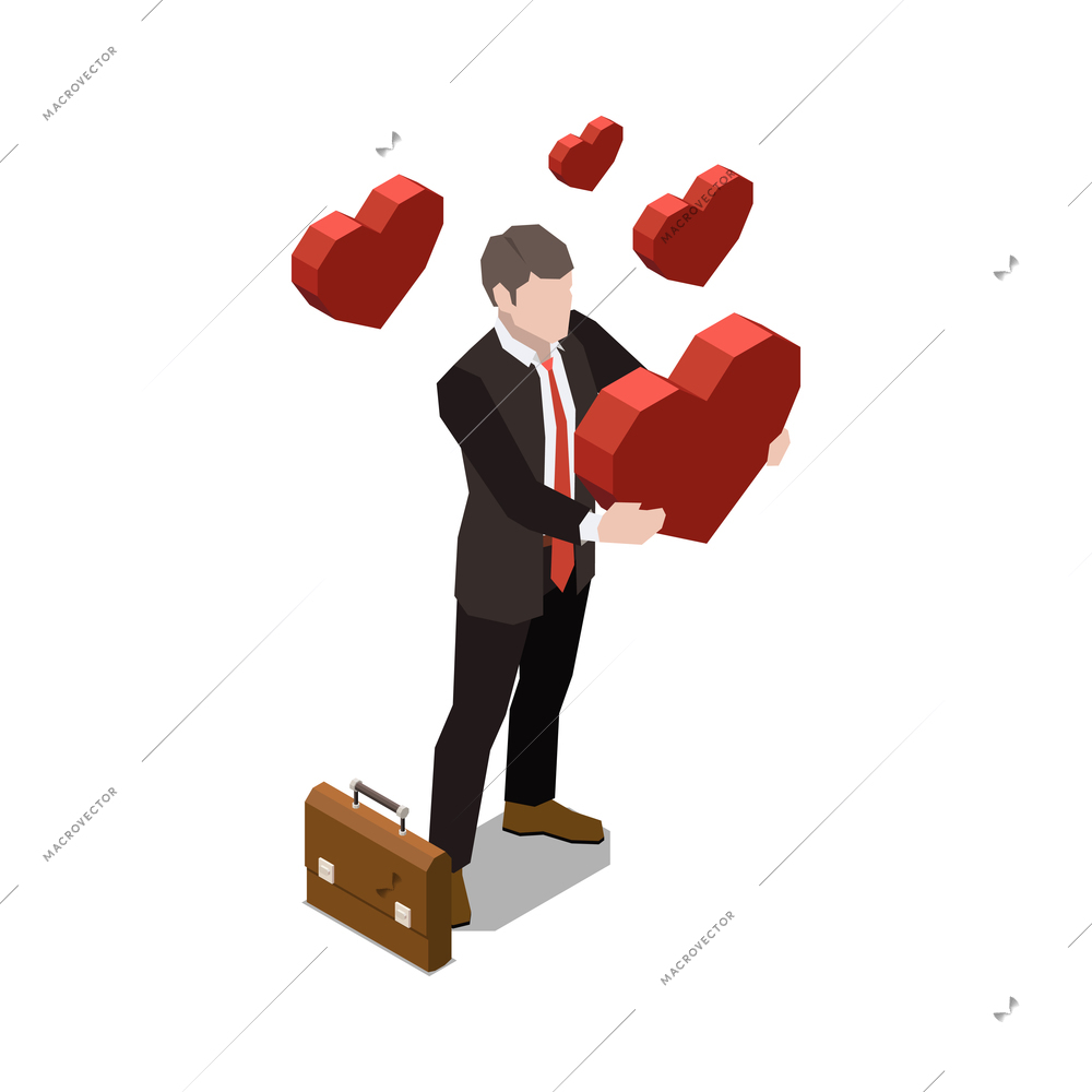 Soft skills isometric concept composition with character of businessman holding pixel hearts vector illustration