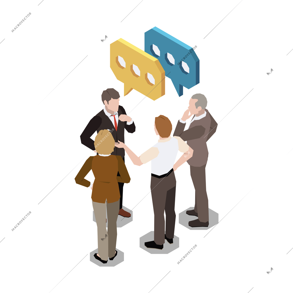 Soft skills isometric concept composition with view of work meeting with coworker characters and thought bubbles vector illustration