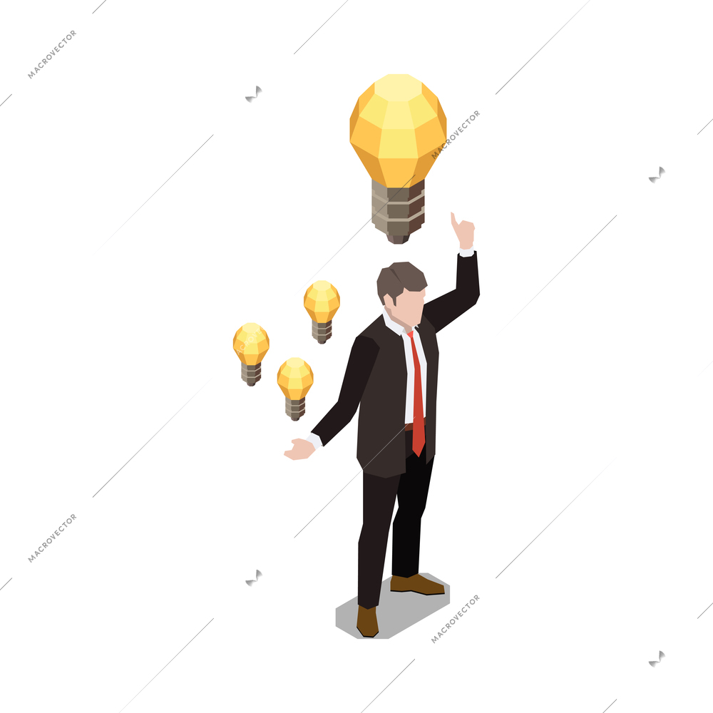 Soft skills isometric concept composition with character of businessman surrounded by icons of lamp bulbs vector illustration