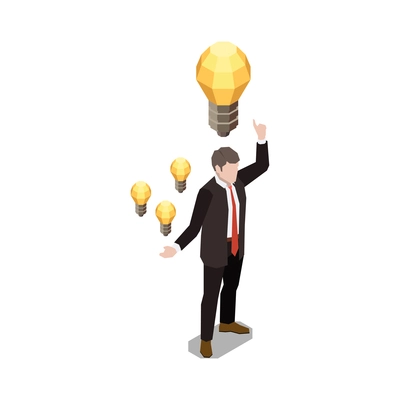 Soft skills isometric concept composition with character of businessman surrounded by icons of lamp bulbs vector illustration