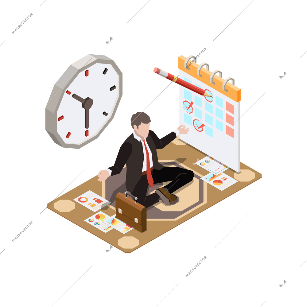 Soft skills isometric concept composition with character of businessman sitting in yoga pose with calendars clocks vector illustration