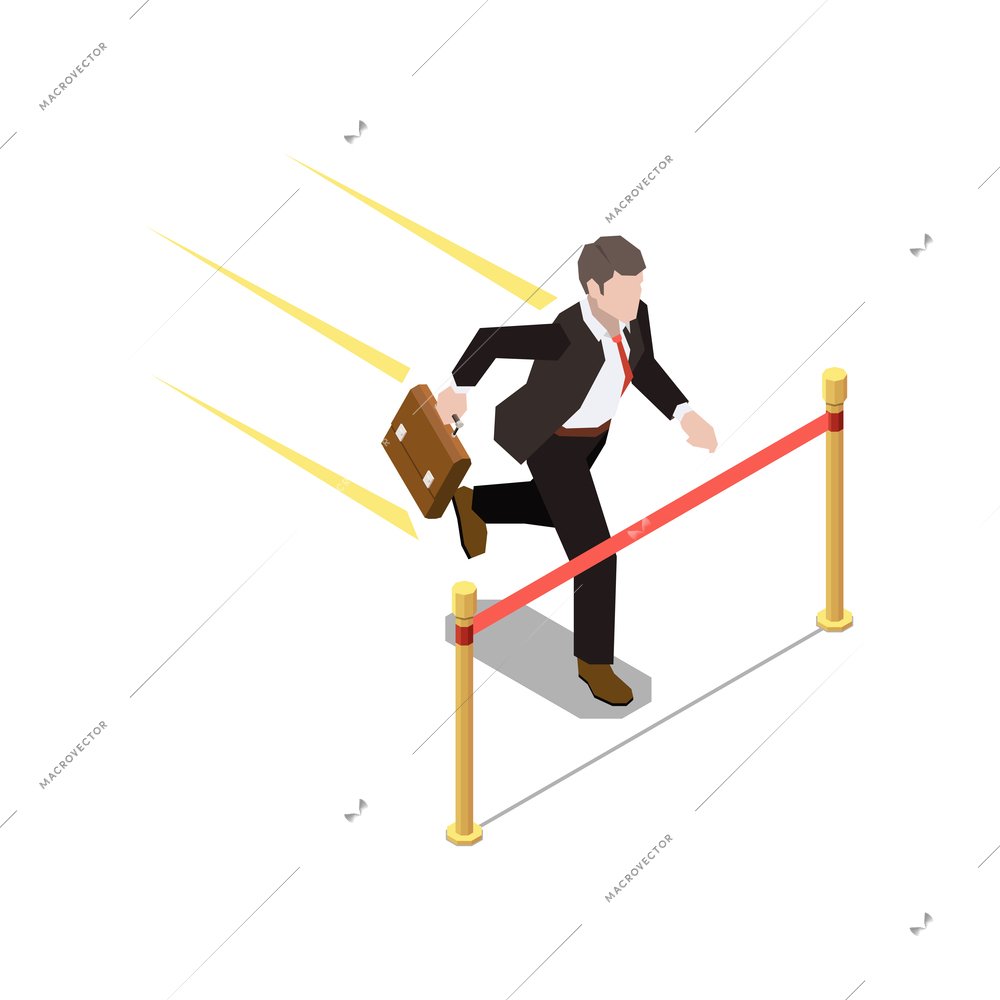 Soft skills isometric concept composition with character of running businessman approaching finish line vector illustration