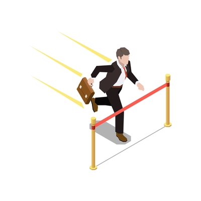 Soft skills isometric concept composition with character of running businessman approaching finish line vector illustration