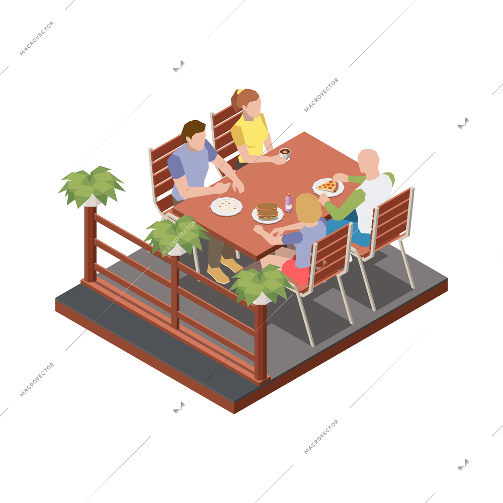 Street cafe terrace isometric composition with two couples sitting at table outdoors vector illustration