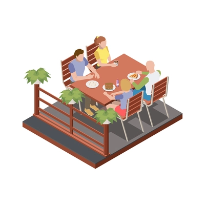 Street cafe terrace isometric composition with two couples sitting at table outdoors vector illustration