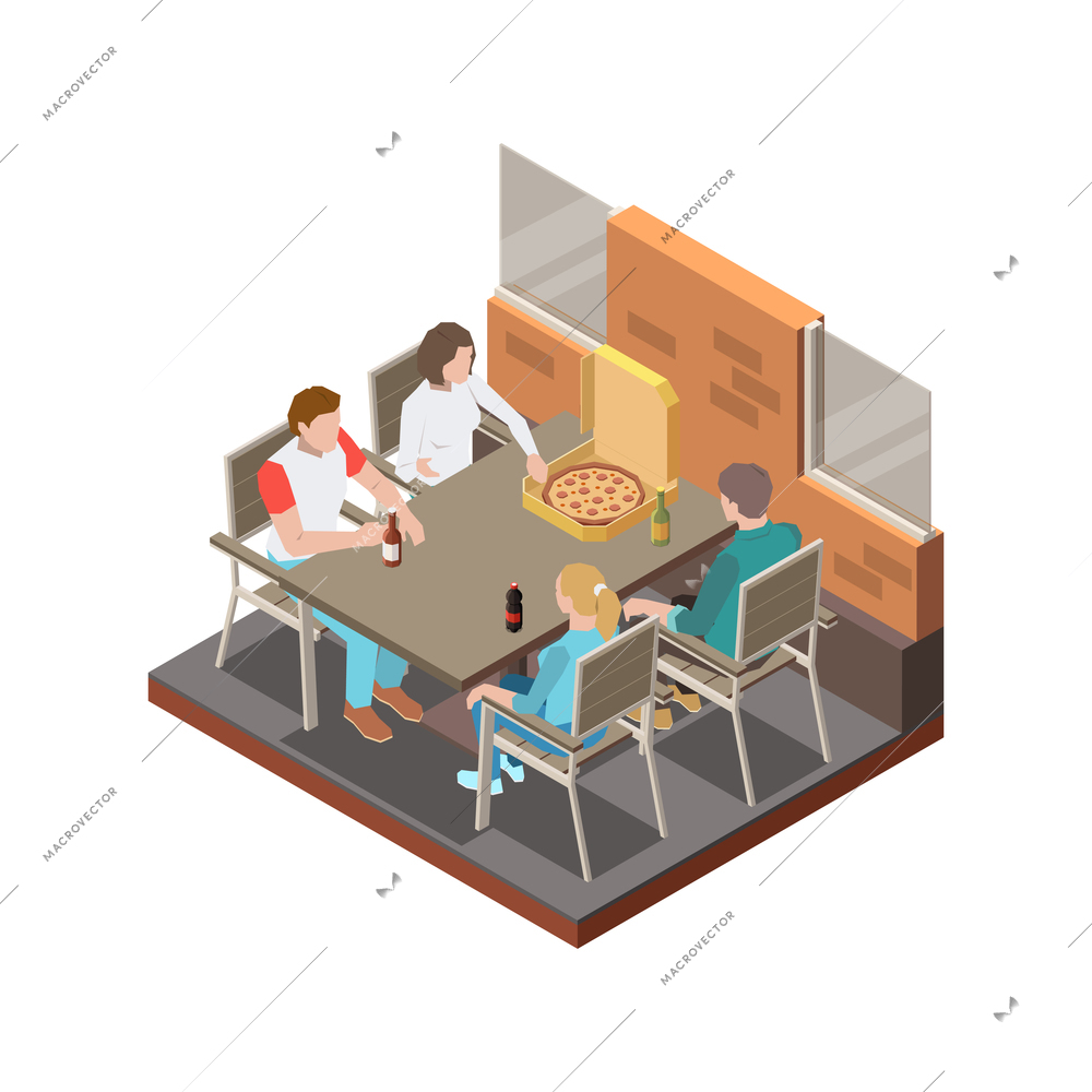 Street cafe terrace isometric composition with two couples drinking and eating pizza vector illustration