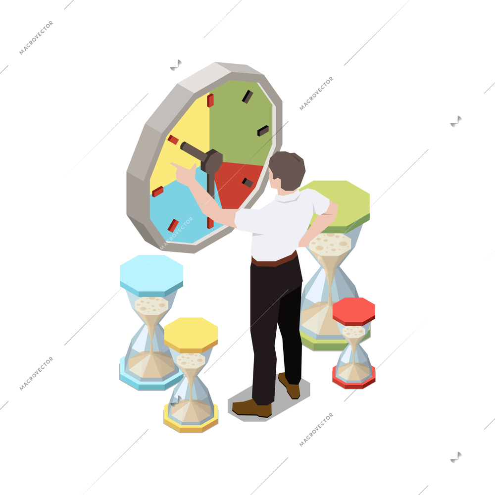 Soft skills isometric concept composition with character of worker surrounded by clock and sand glasses vector illustration