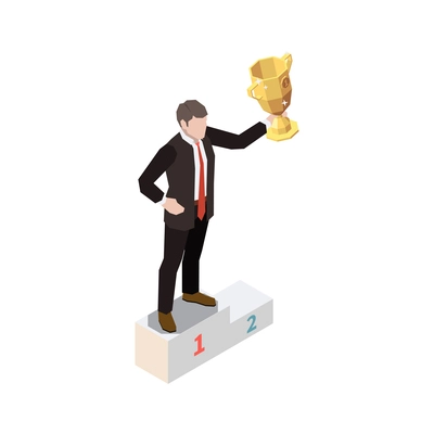 Soft skills isometric concept composition with character of businessman on pedestal with golden cup vector illustration