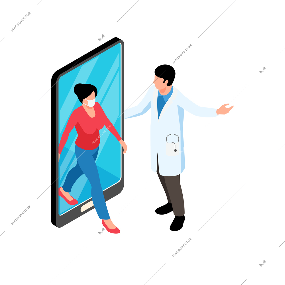 Isometric online medicine composition with doctor and female patient walking out of smartphone screen vector illustration