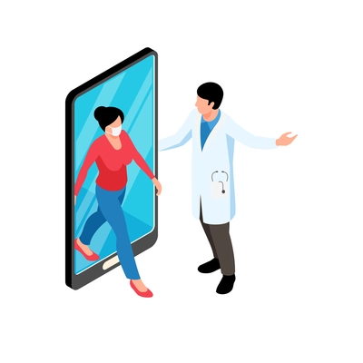 Isometric online medicine composition with doctor and female patient walking out of smartphone screen vector illustration