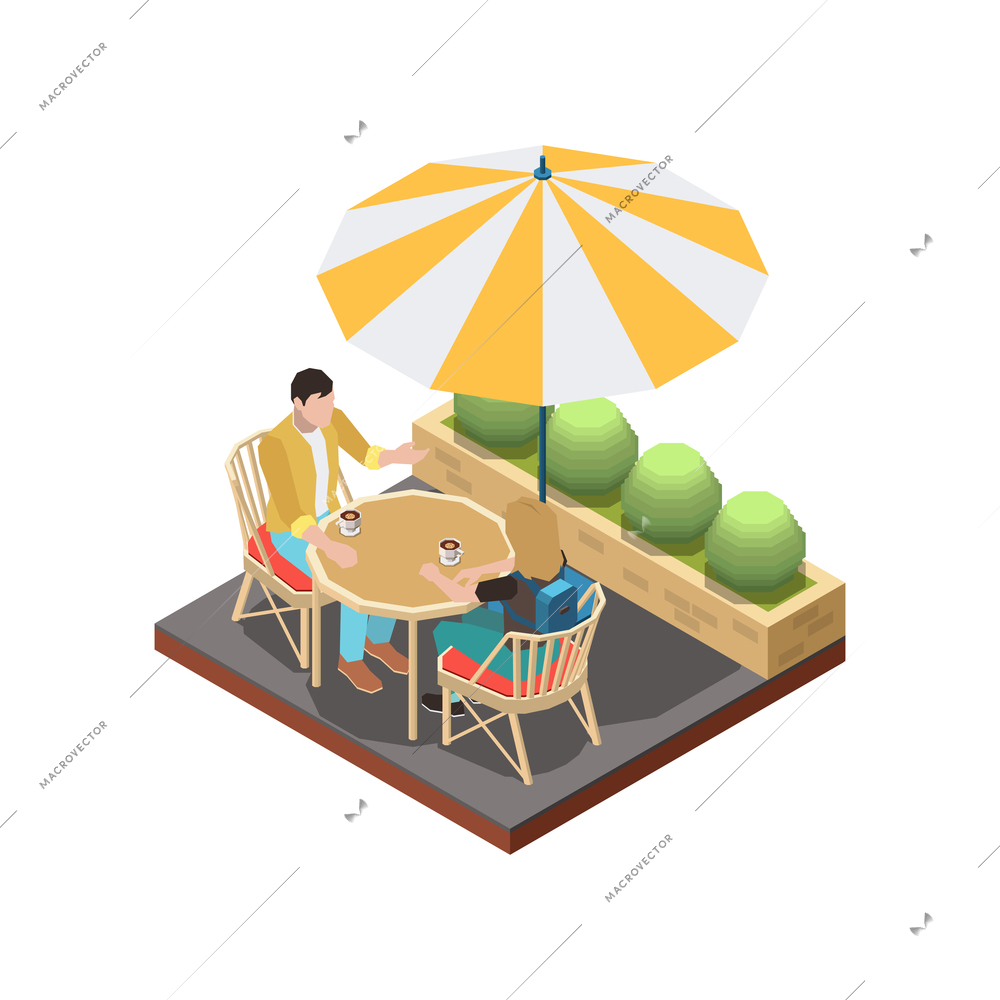 Street cafe terrace isometric composition with couple sitting at table under umbrella vector illustration