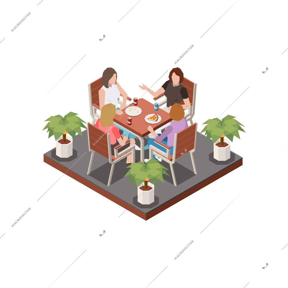 Street cafe terrace isometric composition with four women having outdoor meeting at square table vector illustration