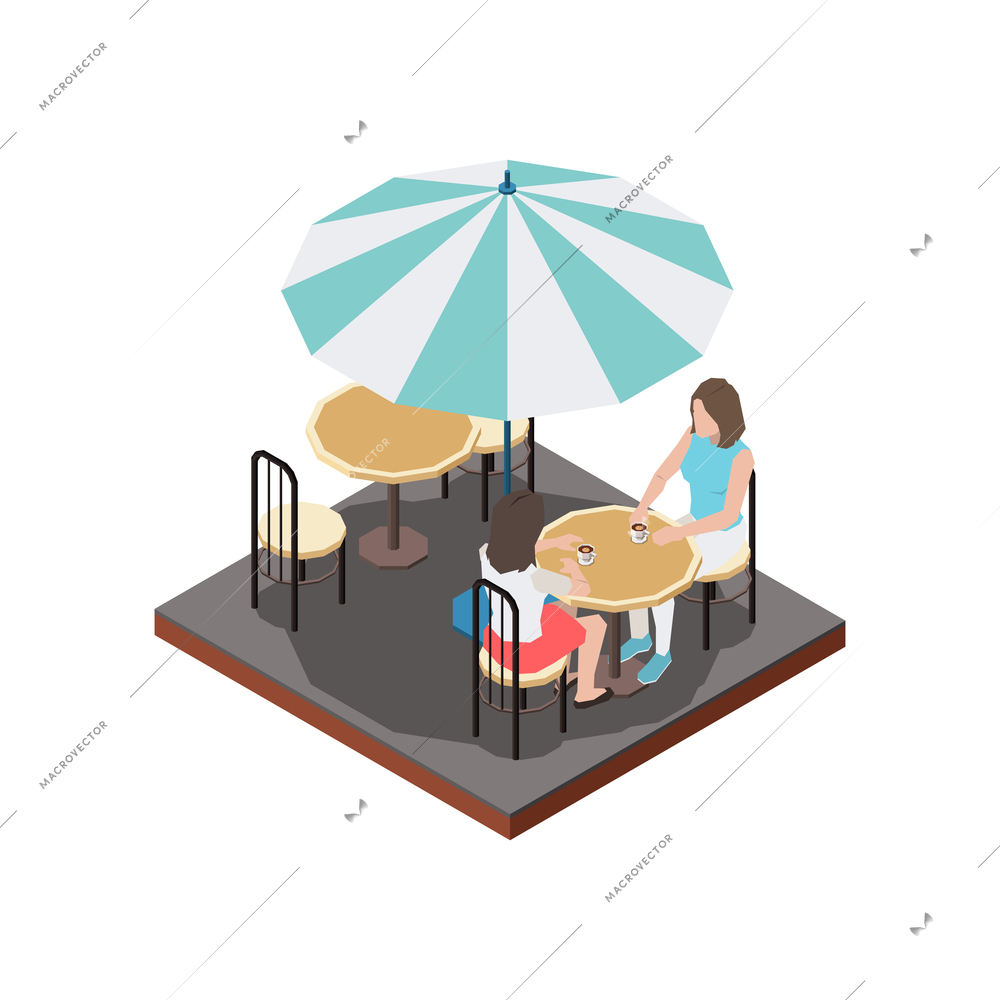 Street cafe terrace isometric composition with women sitting at table under umbrella vector illustration