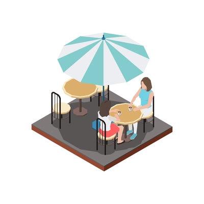 Street cafe terrace isometric composition with women sitting at table under umbrella vector illustration