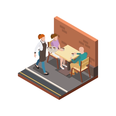 Street cafe terrace isometric composition with walking waiter and couple drinking coffee vector illustration