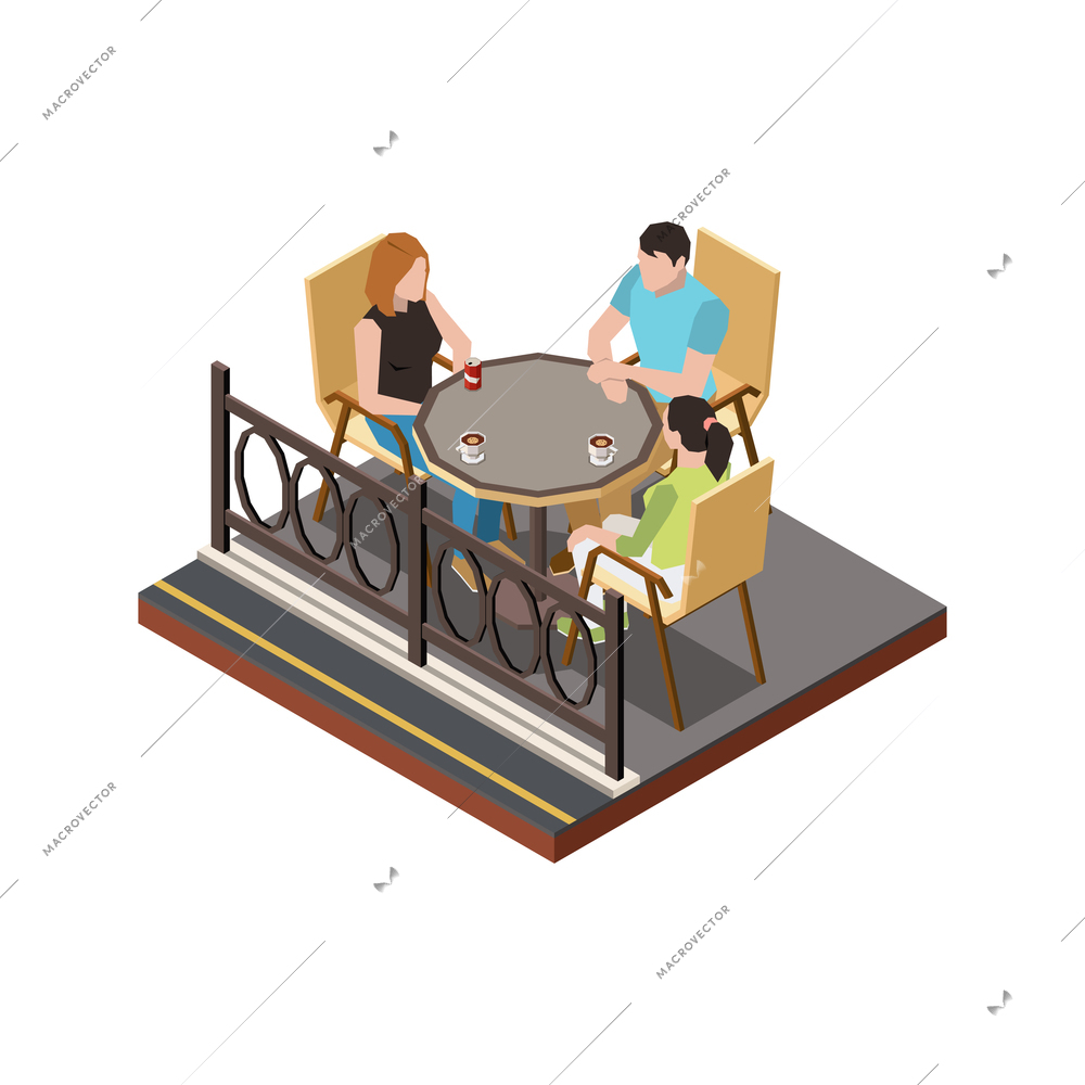 Street cafe terrace isometric composition with mother father and daughter drinking coffee together vector illustration