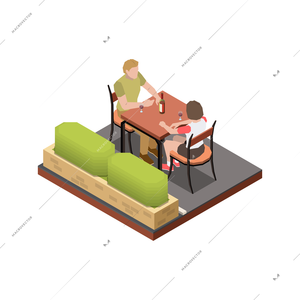 Street cafe terrace isometric composition with man and woman sitting at outdoor table vector illustration