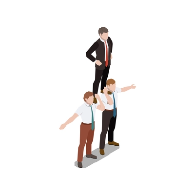 Soft skills isometric concept composition with character of businessman standing on coworkers shoulders vector illustration